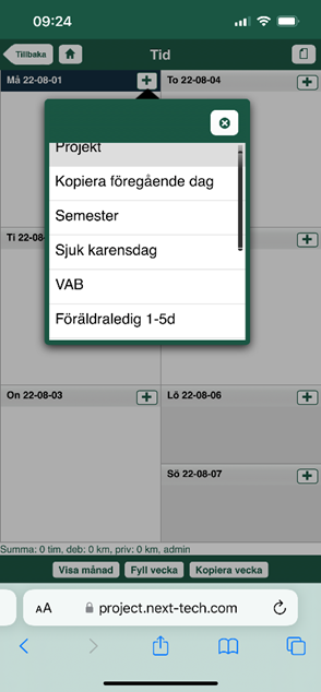 Time registration — activity type selection dropdown