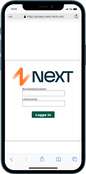 NEXT system login page on mobile browser