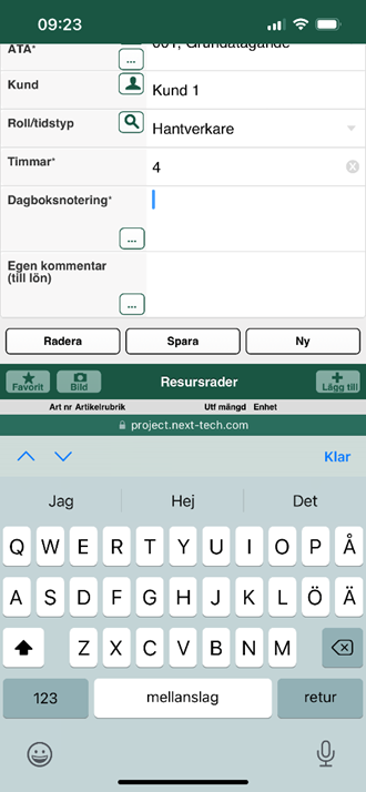 Mobile time entry form with keyboard open