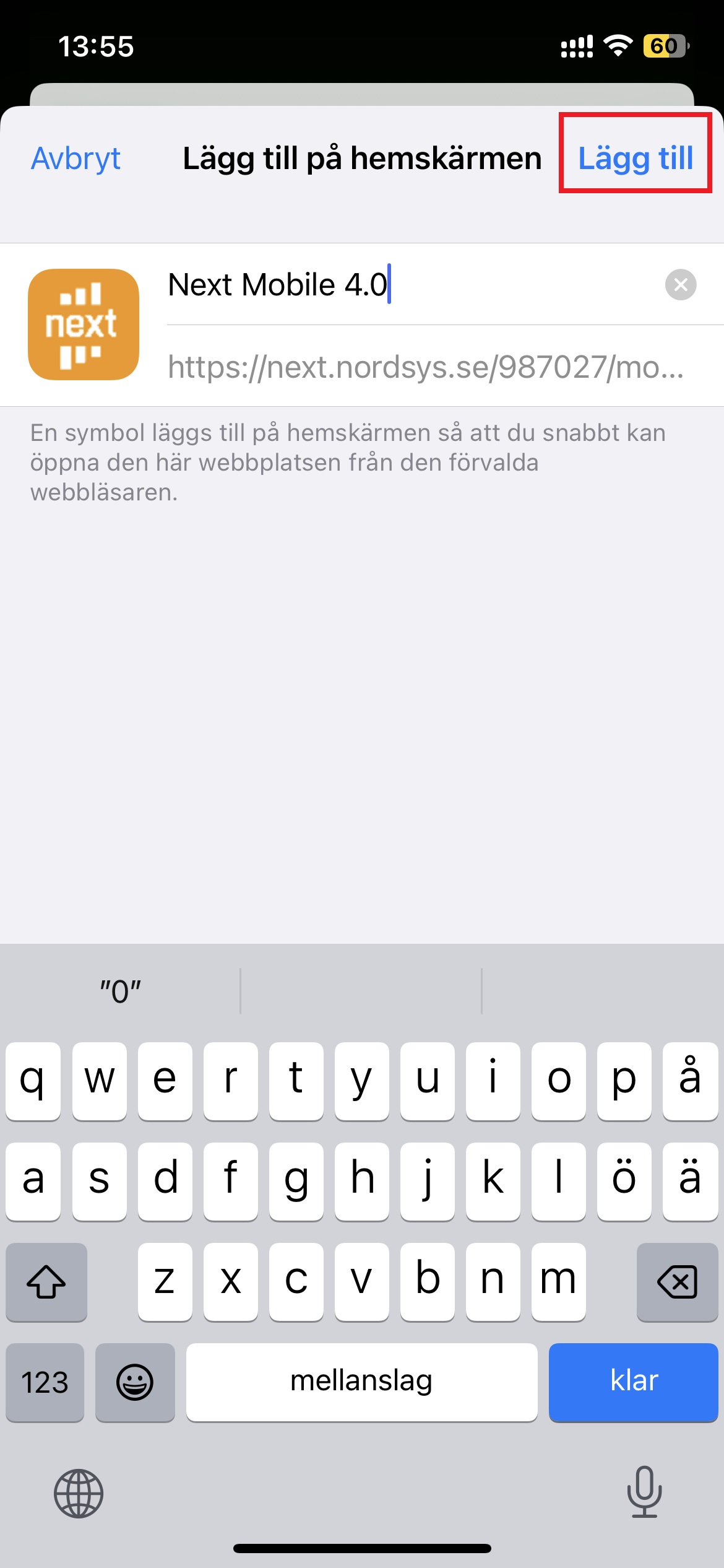 Dialog för att lägga till Next Mobile på hemskärmen