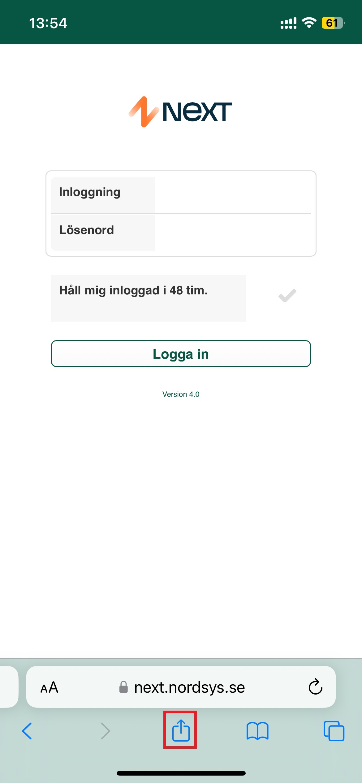 Next-systemets inloggningssida visad i mobilwebbläsare