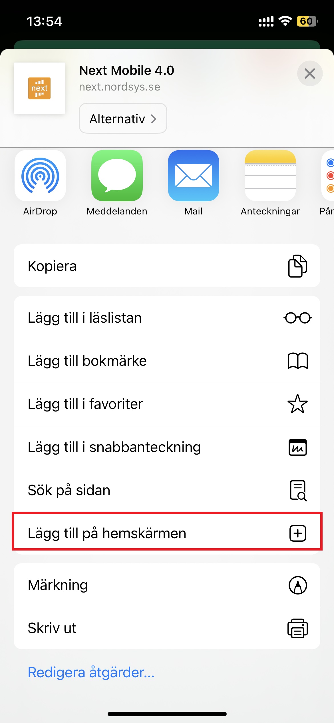 iOS delningsmenyn för Next Mobile — lägg till på hemskärmen