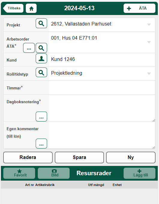 ÄTA-registrering med projekt, arbetsorder och roll/tidstyp