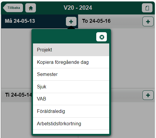 Veckoschema med meny för tidsregistrering vecka 20