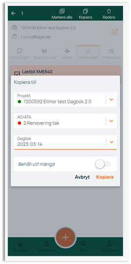 Kopier ressurs til prosjekt — mobilapp dialog