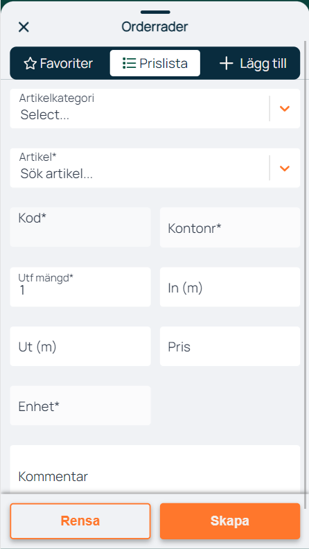 Orderrader — legg til artikkel via prisliste
