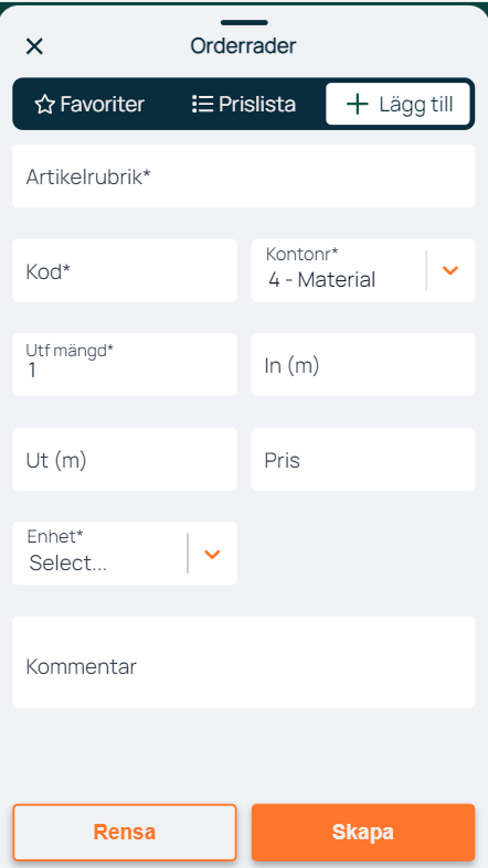 Orderrader — legg til ny artikkellinje med felt