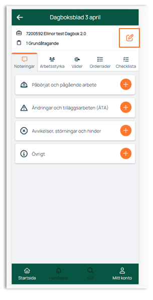 Dagboksblad — Noteringar tab with entry categories