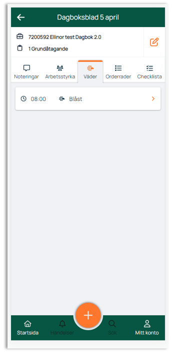 Dagbok — Väder tab on daily log entry