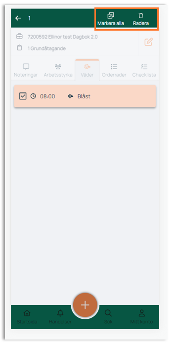 Dagbok Väder tab with select and delete actions