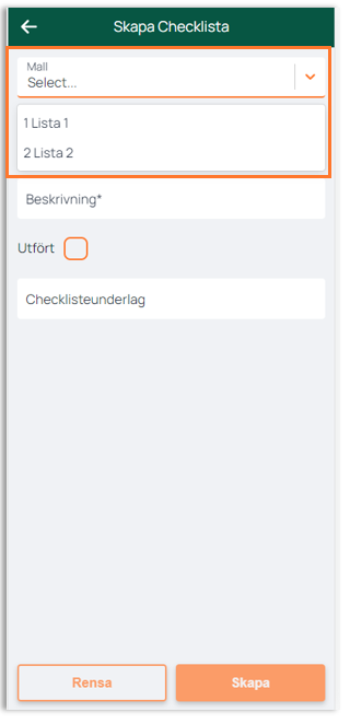 Create Checklist dialog with template dropdown open