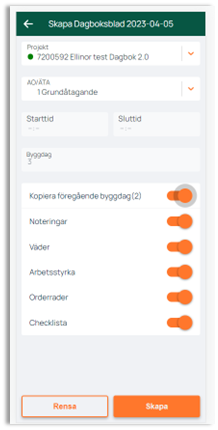 Create Daily Log entry form with copy options