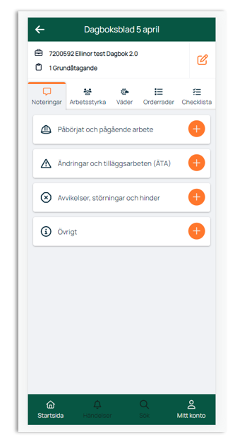 Dagboksblad — Noteringar tab with entry categories