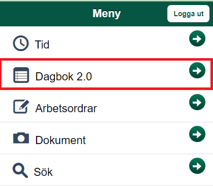 Mobile menu with Dagbok 2.0 highlighted