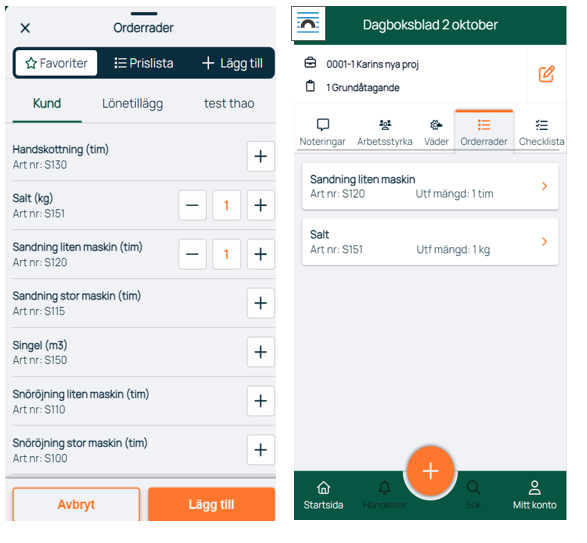 Mobile order rows panel with price list selection