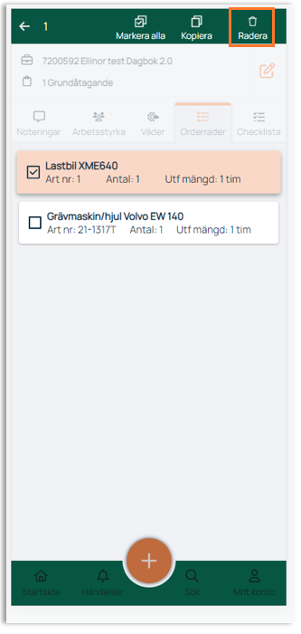 Order lines view with delete action highlighted