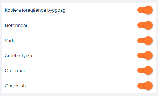 Inställningar för byggdagbok med toggleknappar aktiverade