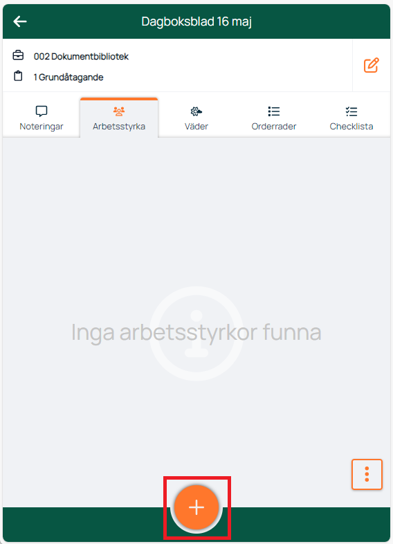 Dagboksblad — fliken Arbetsstyrka, inga poster tillagda