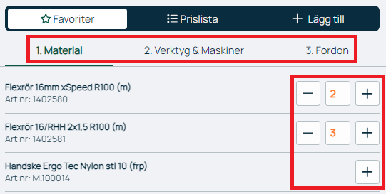 Prislista med artiklar och antal-knappar för beställning