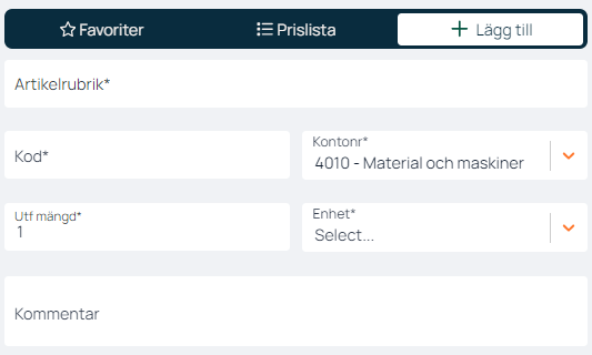 Lägg till artikel — formulär med kod och kontonummer