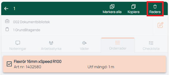Orderrader — markerad rad med Radera-knapp
