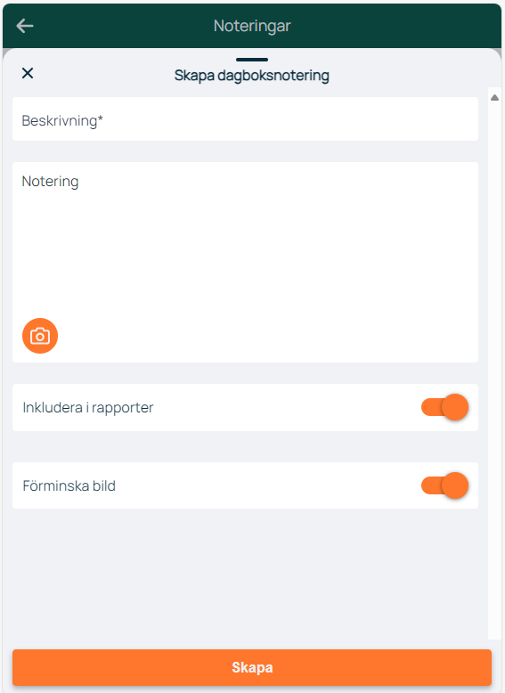 Dialog för att skapa dagboksnotering med inställningar