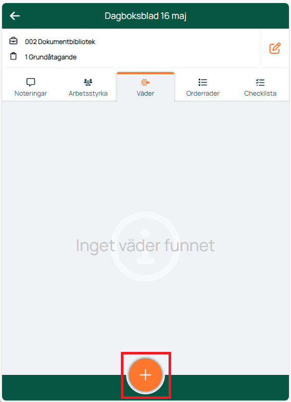 Dagboksblad — Väder-fliken visar inget väder funnet