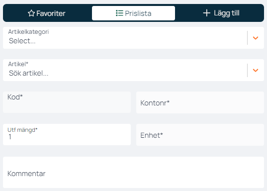 Prislista — lägg till artikel med fält för kod och mängd