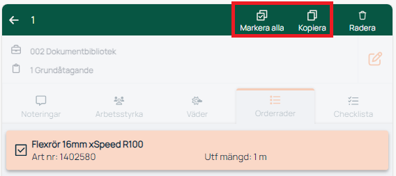 Orderrader med markera alla och kopiera knappar markerade