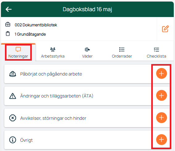 Dagboksblad — fliken Noteringar med kategorier och lägg-till-knappar