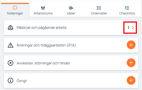 Noteringar-flik med kategorier för arbete och avvikelser