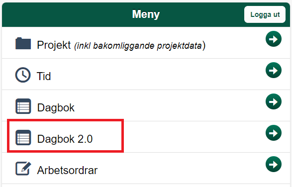 Huvudmeny med menyalternativ inklusive Dagbok 2.0 markerad