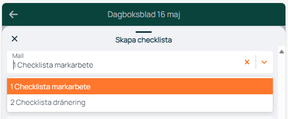 Dagboksblad — Skapa checklista med mallval