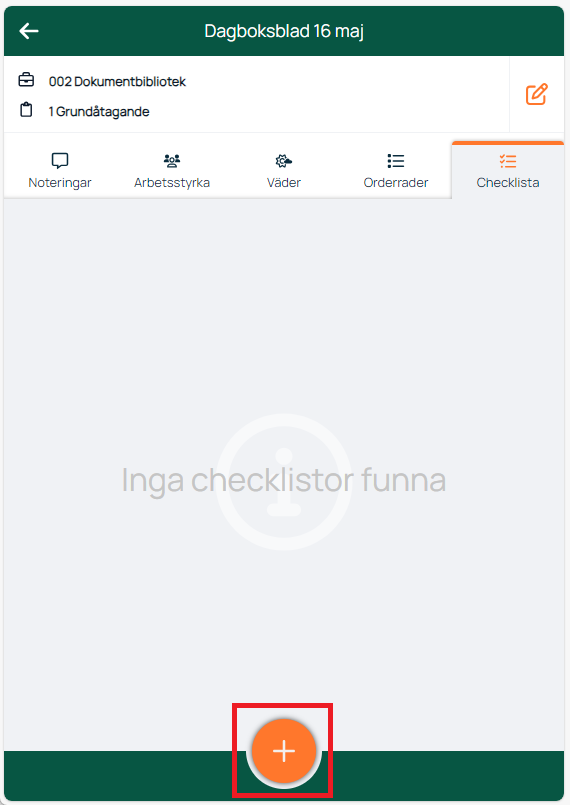 Dagboksblad — fliken Checklista utan checklistor