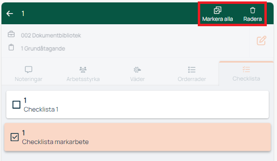 Checklista-flik med Markera alla och Radera knappar