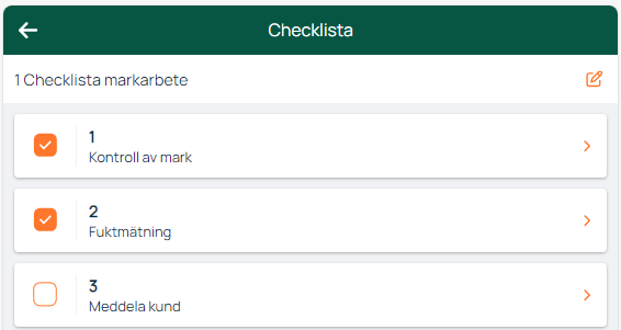 Checklista med tre steg, två avbockade