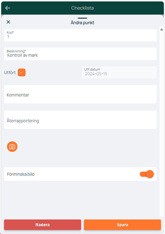 Checklista — Ändra punkt dialog med utförd status
