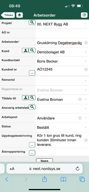 Work Order detail form in Aceve mobile app