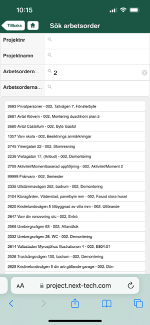 Mobile work order search results list