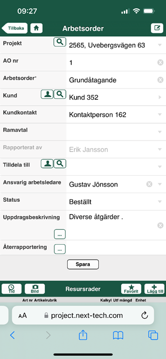 Work Order detail form in mobile app