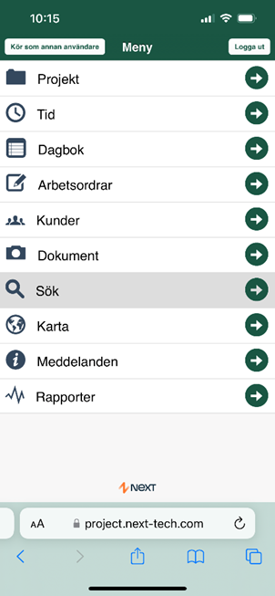 Mobile app main menu with navigation options