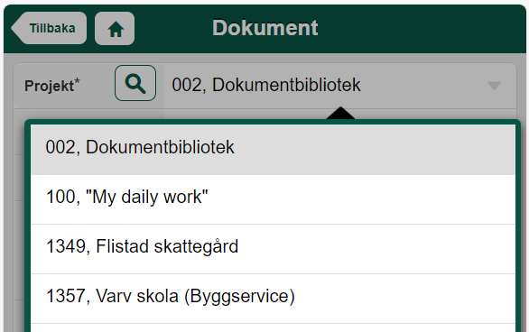 Dokument — projektvalsdropdown öppen med flera alternativ