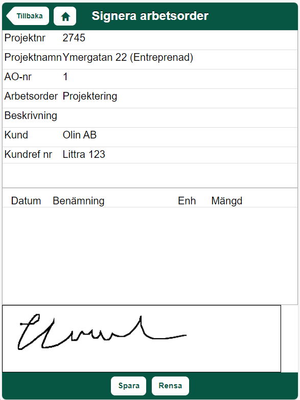 Signera arbetsorder — formulär med signaturfält
