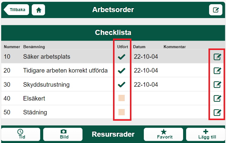 Arbetsorder checklista med utförda och ej utförda punkter