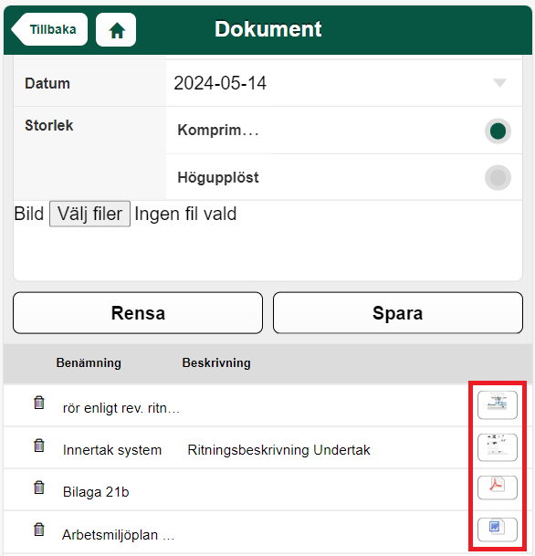 Dokumentsida med filuppladdning och dokumentlista
