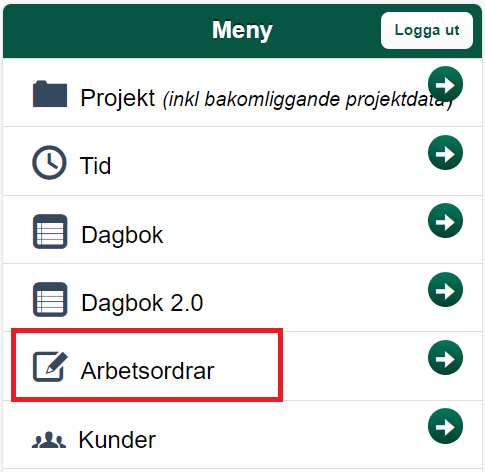 Huvudmeny med Arbetsordrar markerat med röd ram