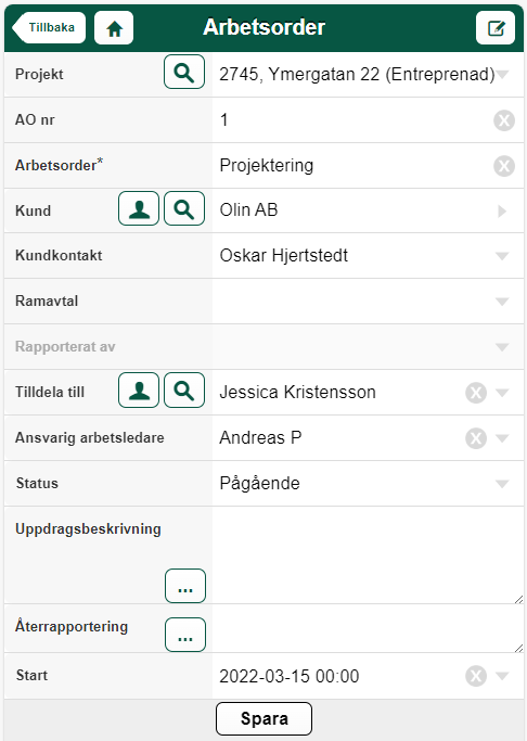 Arbetsorder — detaljformulär med projekt, kund och status