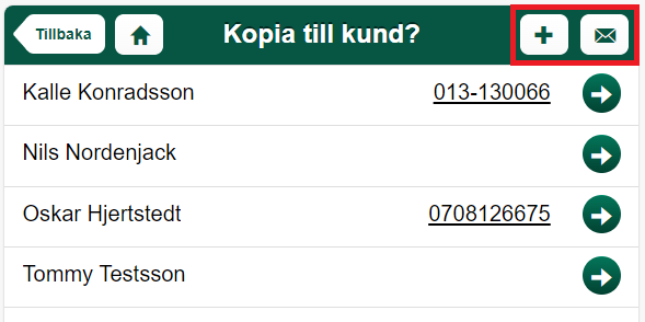Dialog — Kopia till kund, lista med kontakter