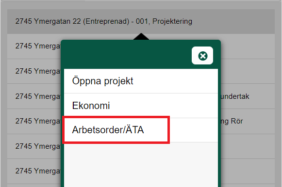 Popup-meny med projektalternativ — Arbetsorder/ÄTA markerat