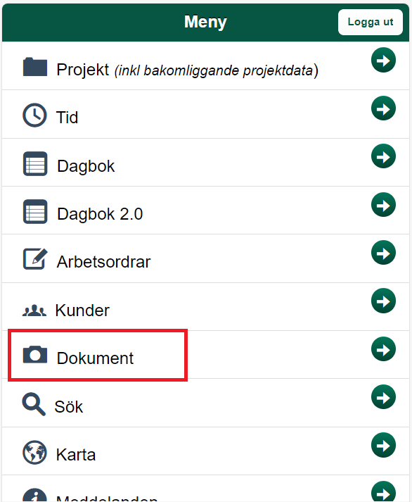 Huvudmeny med Dokument markerat